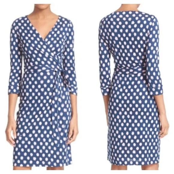 DVF New Julian two polka dot silk wrap dress size 4 navy pink - Picture 1 of 8